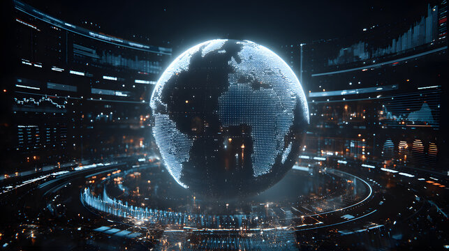 A digital representation of the Earth surrounded by dta visuals and graphs in afuturistic financial settig at night