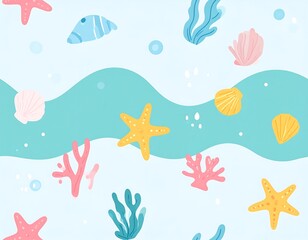 A light blue background with a repeating pattern of colorful sea creatures and plants