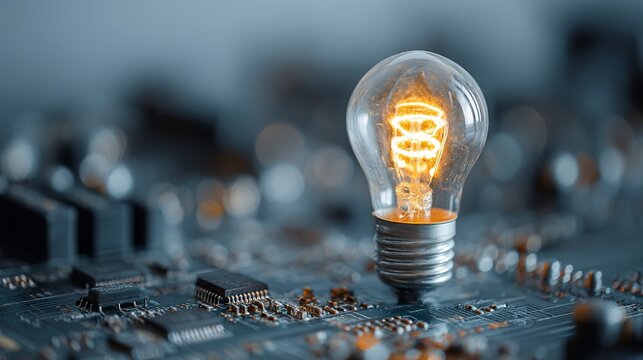 Bright idea conceptual glowing bulb on computer circuit board shows innovation and technology solutions for modern business problems