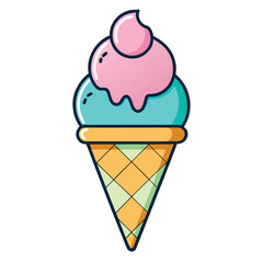 Ice cream cone with two scoops of ice cream and waffle cone pink