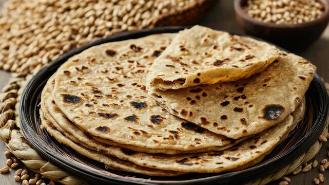 Several chapatis and naan breads, cooked and served in a metal pan with seasoning bowls.