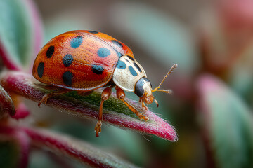 Fototapeta premium Macro Ladybug on Green Leaf – Detailed Insect Close-Up in Nature