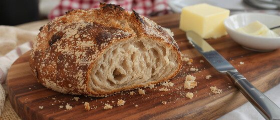 Crusty Bread with Knife and Butter on Wooden Board