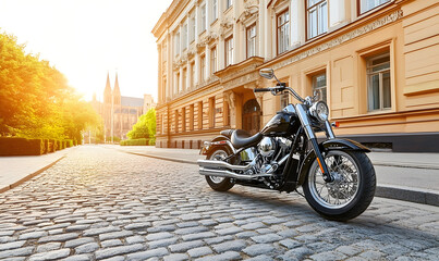 Black motorcycle on cobblestone street urban cityscape sunlight