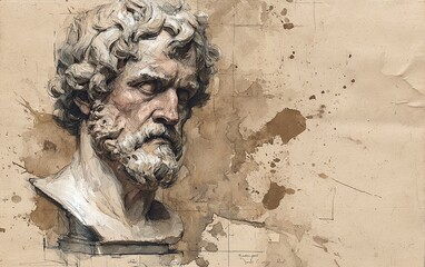 Vintage Watercolor Pencil Art & Classical Illustrations &ndash; Wall Art Wallpapers &ndash; Ancient Greek Roman Portraits of Stoics & Philosophers: Plato, Aristotle, Socrates, Marcus Aurelius, Seneca 