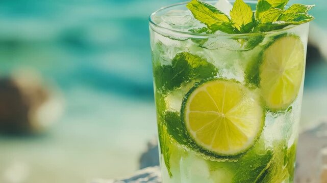 Tasty, fizzy lime soda with a sprig of mint garnish. Perfect for summer heat.
