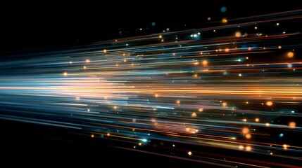 Stunning digital network data stream background with vibrant blue and gold glowing light trails for modern tech concepts and presentations