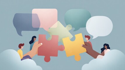 Diverse hands join puzzle pieces with speech bubbles floating around in a muted color scheme