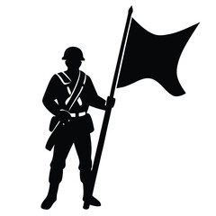Silhouette of a soldier holding a flag on a white background military standing