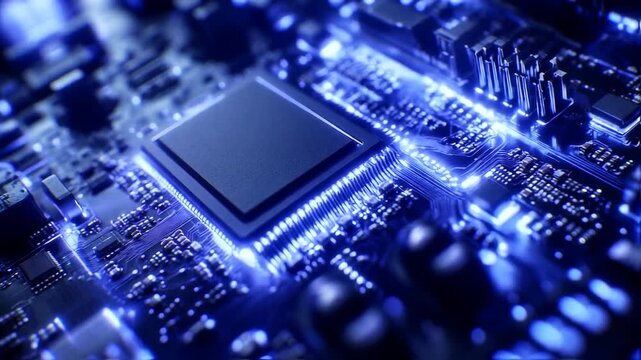 Close-up view of a blue illuminated microprocessor on a circuit board with intricate electronic patterns and circuitry.