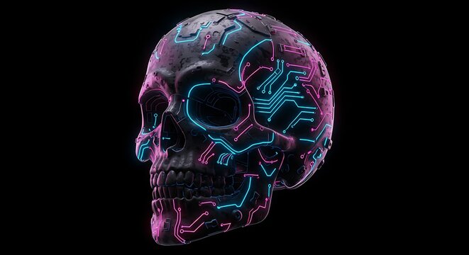 Cyberpunk Skull with Neon Circuitry on Black Background - Powered by Adobe