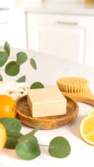 Fresh citrus soap on a wooden dish