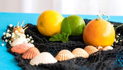Fresh citrus fruits and seashells on a black mesh