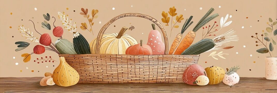 A wicker basket overflows with pumpkins, bright carrots, deep red beets, and fresh zucchini, accompanied by colorful flowers, embodying the essence of autumnal bounty and seasonal charm, banner
