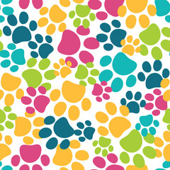Seamless pet paw pattern. Cat or dog footprint background. Colorful vector illustration. It can be used for wallpapers, wrapping, cards, patterns for clothes and other.
