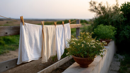 Fototapeta premium Lniane tkaniny na sznurku – wiejski ogród, rustykalna sceneria, zioła