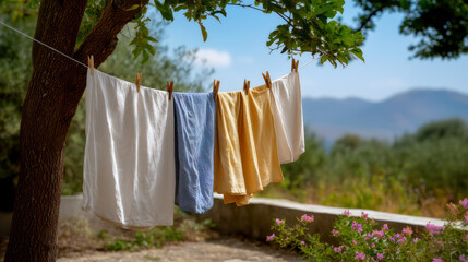 Wiejskie pranie na sznurku w ogrodzie – prowansja, natura, świeżość