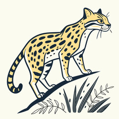 Naklejka premium Wild cat illustration on a rock with grass