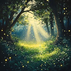 Forest pathway glowing with fireflies light high resolution picture
