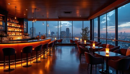 Fototapeta premium Stylish rooftop bar offers cocktails with city skyline view at twilight. Luxurious ambiance with comfortable seating, ambient lighting. Perfect for evening relaxation, socializing, enjoying happy