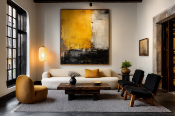 Fototapeta premium Modern Living Room Interior – Yellow Abstract Art, Minimalist Decor, and Designer Furniture