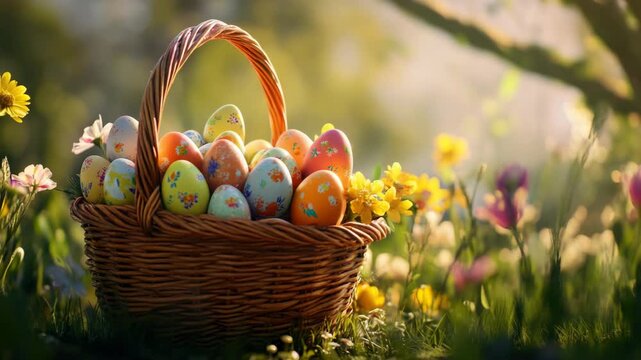 Colorful eggs in a wicker basket with spring flowers
