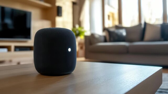 An Smart Speaker on a table in a contemporary living room, highlighting its design and modern home entertainment capabilities.