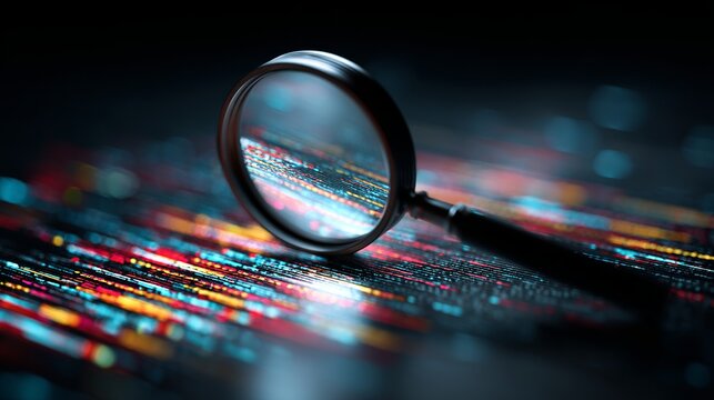 Dive into the details with this striking magnifying glass revealing vibrant data streams, perfect for tech, innovation, and research projects