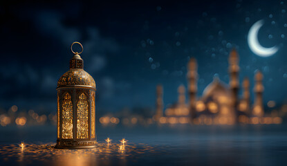 Ramadan Kareem greeting. Islamic lantern near mosquewith night sky with crescet moon and stars. End of fsting. Hari Raya card. Eidal-Fitr decoration. Breakig of holy fast day. Muslimholiday.