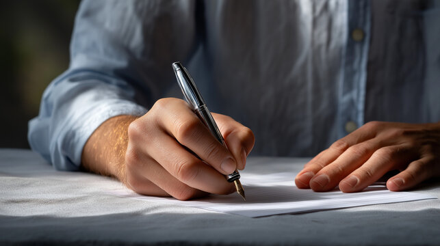 A hand erases with a pen, the focused scene illuminated by gentle light. Hand, pen, with copy space