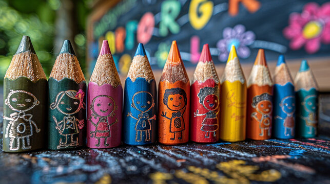 Colorful pencils with child drawings, outdoors, chalkboard background, educational