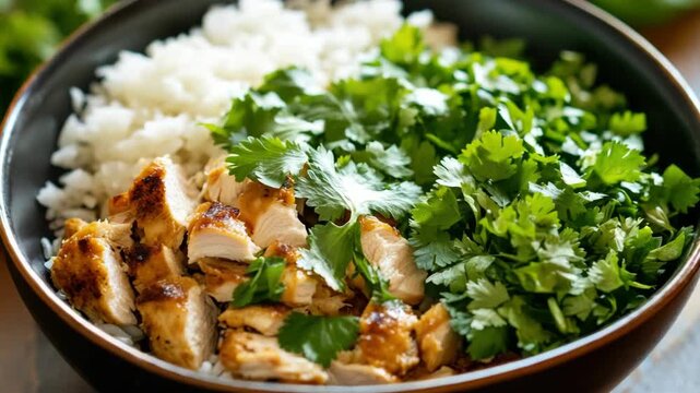 Chicken and rice dish featuring herbs like cilantro and cumin, giving it a distinctive flavor profile typical of Latin American cuisine. Served in a bowl for easy eating.