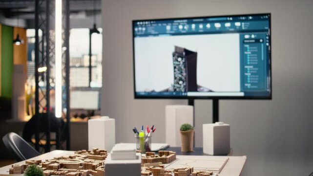 Empty architecture and construction office used for meetings with planning, property investment strategies and zoning regulations discussion. 3D building models and blueprints or software.