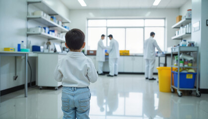 Obraz premium A curious child watching scientists working in a clean laboratory, bright interior with modern equipment and thoughtful ambiance, education and healthcare concept of schools or research institutions