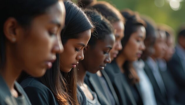 Group of people with bowed heads during memorial service. Individuals pay respects in silence, somber mood. Diverse faces, somber expressions convey unity, shared remembrance. Focus on respect,