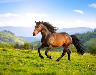 Majestic Brown Horse Galloping Freely Across a Vibrant Green Meadow Scenery