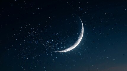 Stunning crescent moon shining brightly amongst twinkling stars in the dark night sky, evoking peace and wonder for celestial events