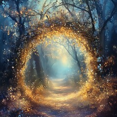 Glowing woodland tunnel filled with sparkles high resolution picture