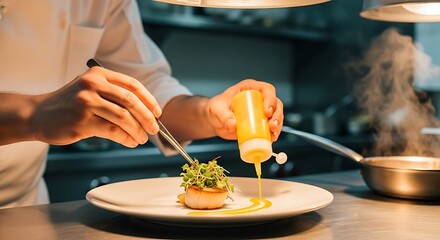 Chef plating scallop dish.