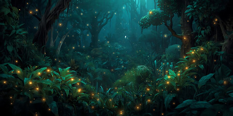 Fototapeta premium Enchanting Nighttime Forest with Glowing Fireflies