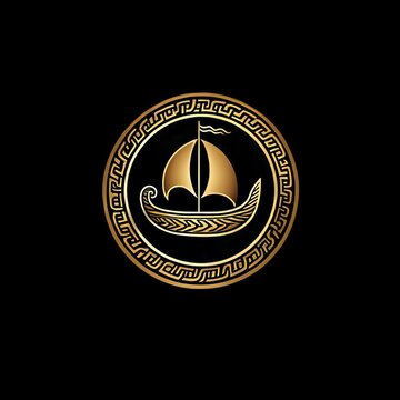 An Ancient Greek vessel, specifically a galley, is positioned in a Meandre circle on a black background