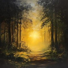Golden light shining across woodland rocks high resolution picture