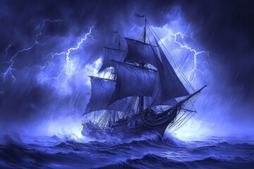 An evocative portrait of an old ship wrestling with raging oceans and lightning, conveying the thrill of adventure and hazard