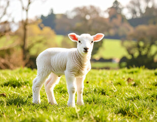 Obraz premium Adorable Lamb Standing in Sunlit Meadow, Springtime Innocence, Pastoral Scene.