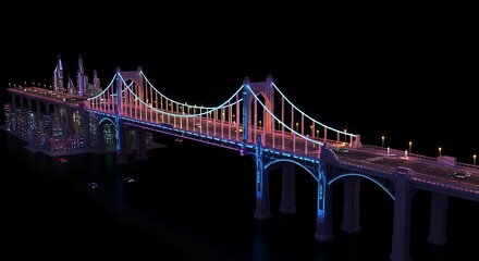 Fototapeta premium Futuristic Cityscape with Illuminated Suspension Bridge at Night, Isolated on Black Background