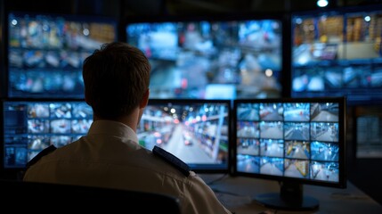 Medium shot of a security professional monitoring multiple CCTV camera feeds in a dimly lit control room focusing on warehouse surveillance systems integration