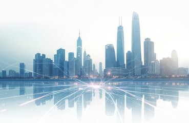 Futuristic city skyline with glowing digital network lines. Modern skyscrapers reflect in water, global telecommunication, 5G internet, AI concepts. Urban architecture forms abstract background for