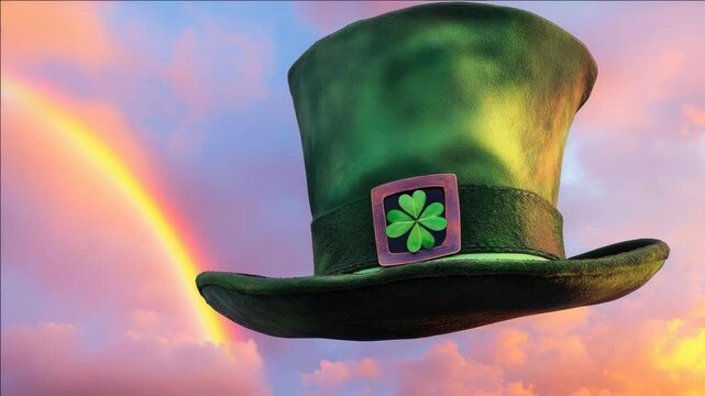 A St. Patrick's Day-themed, four-leaf clover-embellished green hat on a rainbow background.