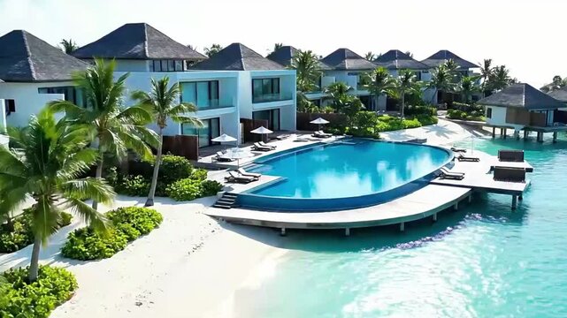 Luxurious tropical beachfront villa features an expansive infinity pool, surrounded by palm trees, white sand, and turquoise ocean, representing high-end resort relaxation in an idyllic summer paradis