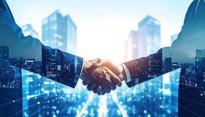 Business handshake over a city skyline